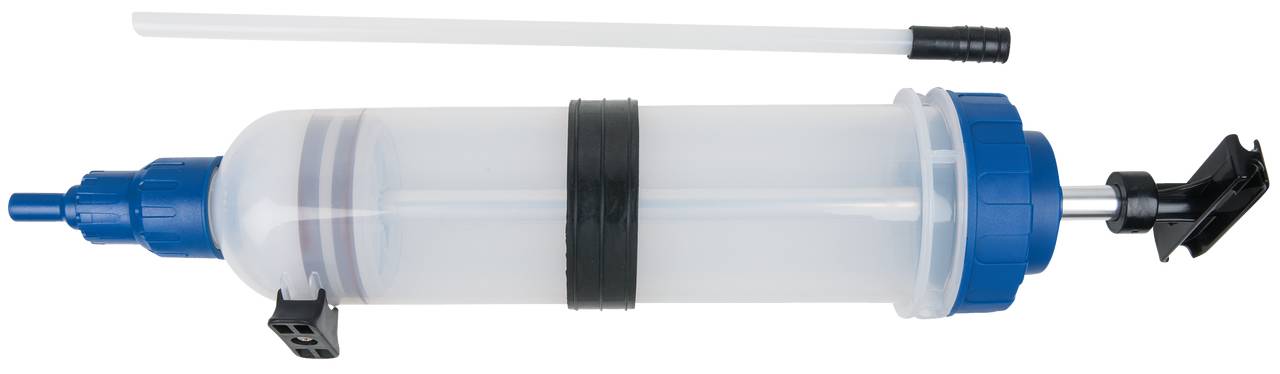 Duży plastikowy dozownik z niebieskim czubkiem, czarną rączką i wymienną tubką. Używany w warsztatach lub do przenoszenia płynów.