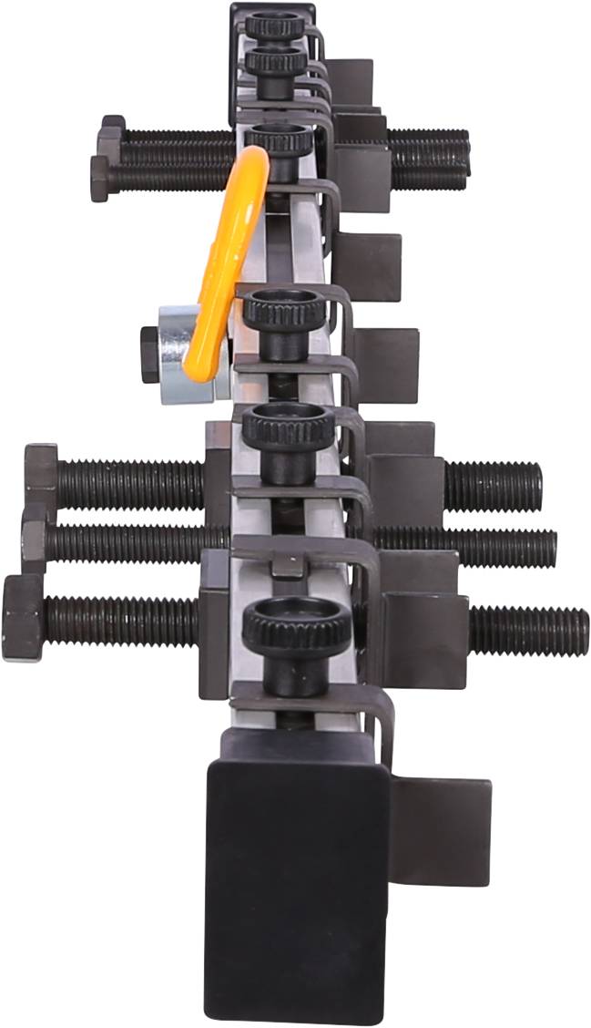 Konstrukcja stalowa z wieloma śrubami i żółtą dźwignią. Niezbędne narzędzie w zastosowaniach przemysłowych.