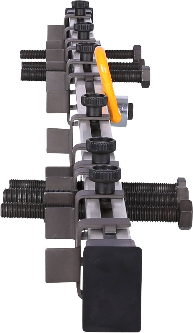 Metalowe narzędzie z wieloma urządzeniami śrubowymi i żółtą dźwignią, prawdopodobnie służące do zacisku lub mocowania przedmiotów.