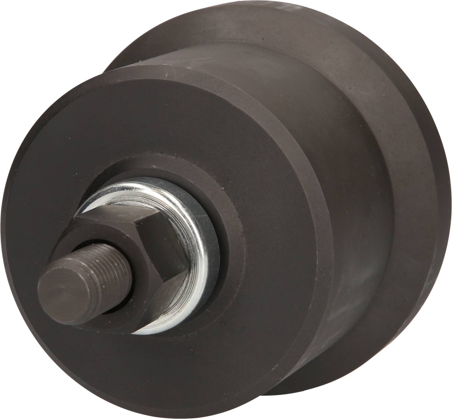 Czarny, cylindryczny element maszyny z gwintem śrubowym i metalową nakrętką. Może to być łożysko lub rolka.