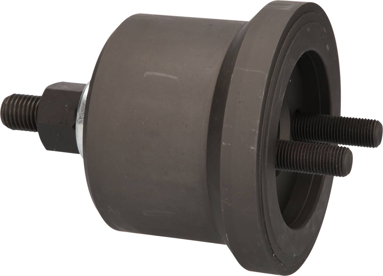 Metalowy element samochodowy o cylindrycznym kształcie z dwoma wystającymi śrubami mocującymi, prawdopodobnie część zawieszenia.