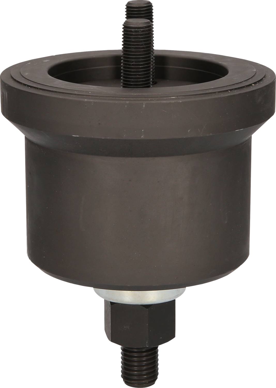 Metalowy element z cylindrycznym korpusem i śrubami gwintowanymi na górze i na dole. Prawdopodobnie część maszyny lub narzędzia.