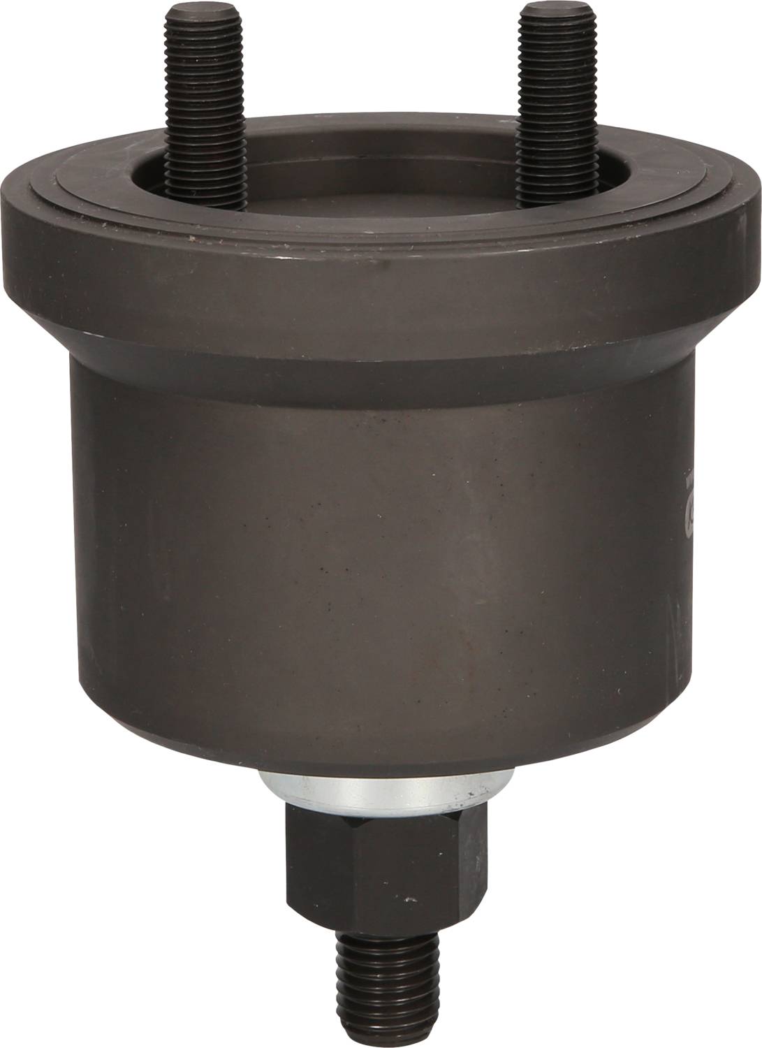 Cylindryczny, metalowy element maszyny z dwoma długimi śrubami u góry i jedną krótką śrubą na dole, w kolorze szarym.