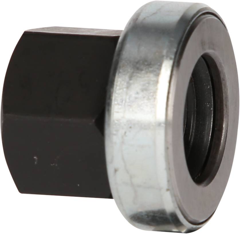 Sześciokątna główka śruby z płaskim metalowym kołnierzem, odpowiednia do zastosowań mechanicznych lub mocowań w urządzeniach technicznych.