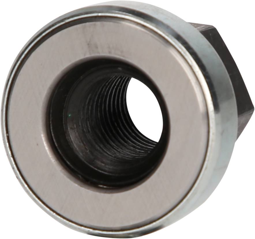 Metalowe łożysko lub piasta koła z centralnym, okrągłym otworem i gwintem, po bokach obramowane srebrnym pierścieniem.