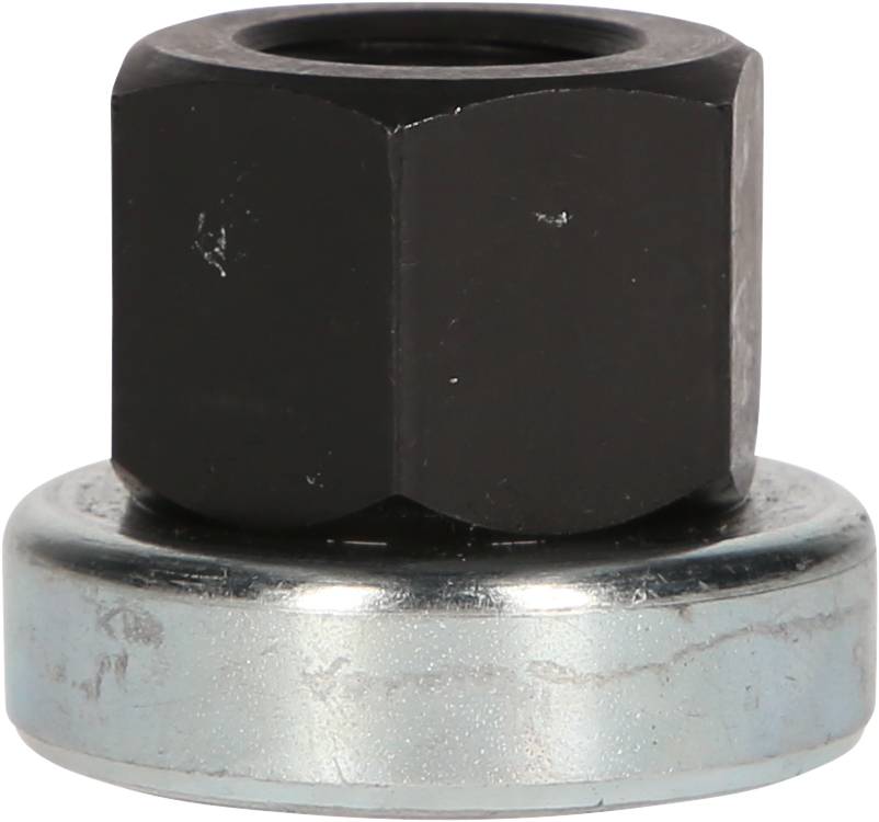 Element metalowy składający się z czarnej sześciokątnej nakrętki umieszczonej na srebrnej, okrągłej podstawie, prawdopodobnie będący rodzajem nakładki.