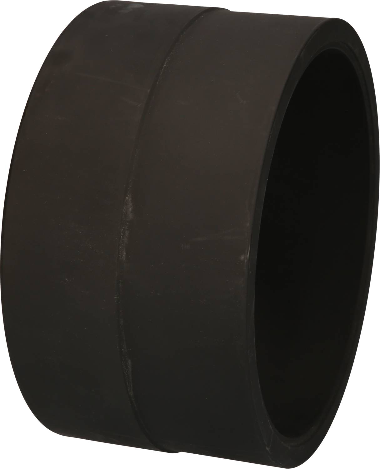 Czarny, cylindryczny pierścień gumowy lub plastikowy; prawdopodobnie uszczelka lub element systemu mechanicznego.