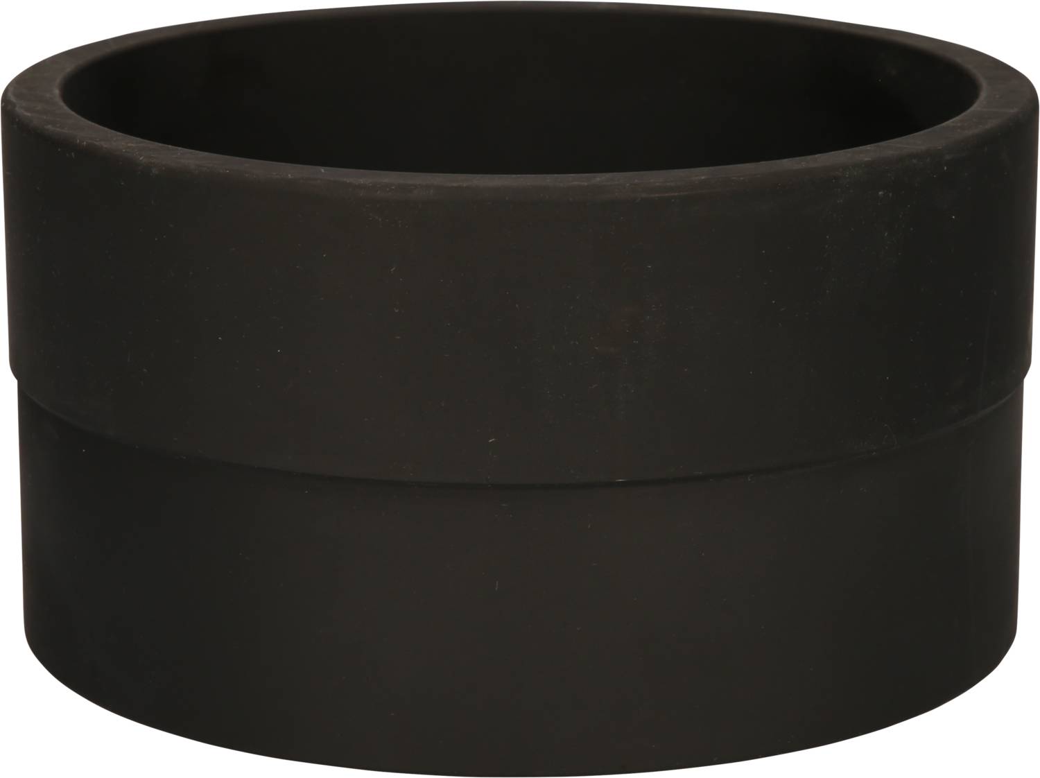 Ceramiczny doniczka w kolorze czarnym, o cylindrycznym kształcie i gładkiej powierzchni.