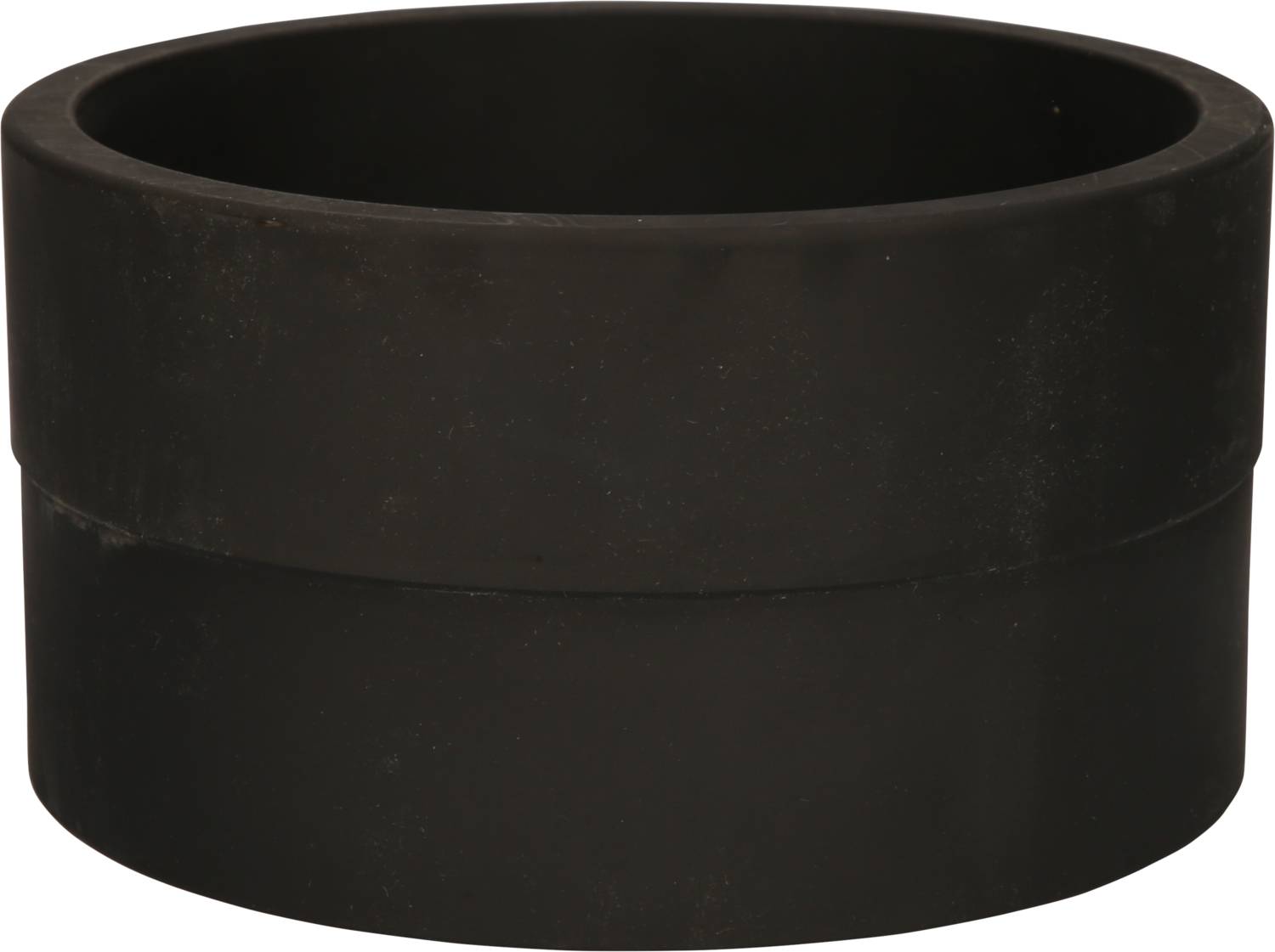 Czarny, cylindryczny pojemnik o gładkiej powierzchni, nadający się do różnorodnego zastosowania, np. jako doniczka lub misa dekoracyjna.
