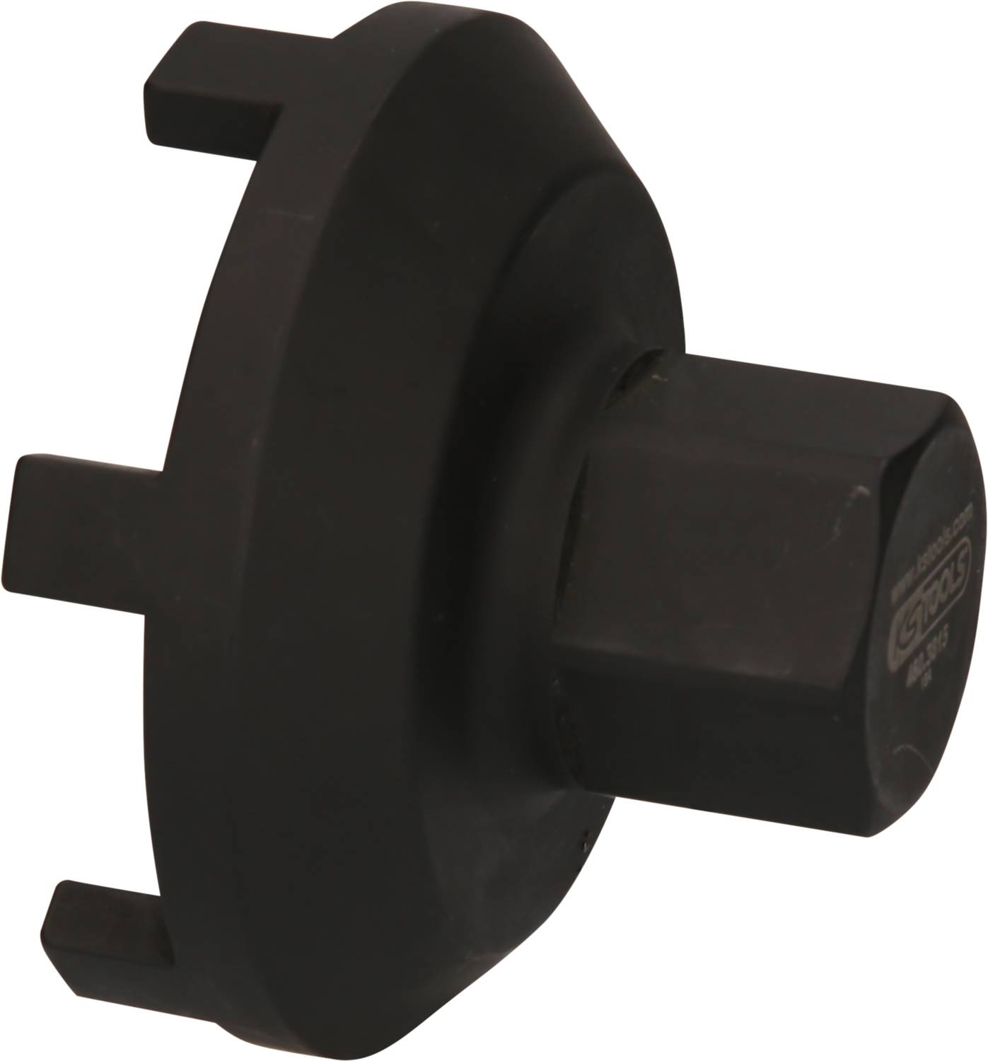 Czarne, cylindryczne narzędzie z czterema wystającymi trzpieniami, prawdopodobnie służące do dokręcania lub odkręcania specjalnych nakrętek.