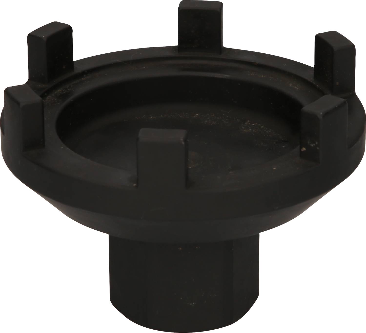 Czarny, okrągły metalowy narzędzie z wypukłymi wypustkami. Służy do mocowania lub odkręcania specjalistycznych śrub.