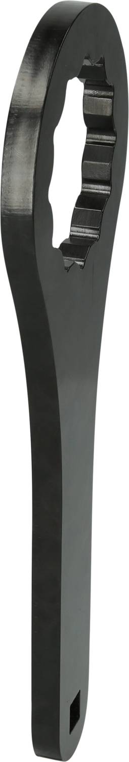 Duży czarny metalowy klucz nastawny, używany do konserwacji maszyn lub urządzeń.