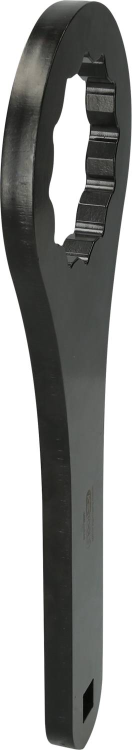 Czarny klucz pierścieniowy z uzębieniem wewnętrznym, używany do dokręcania lub odkręcania śrub i nakrętek w mechanice.