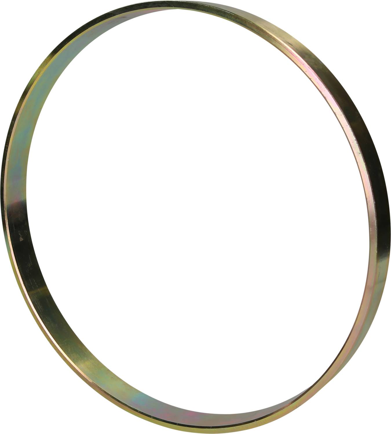 Wąski, metalowy pierścień o połyskującej powierzchni, leżący na białym tle.