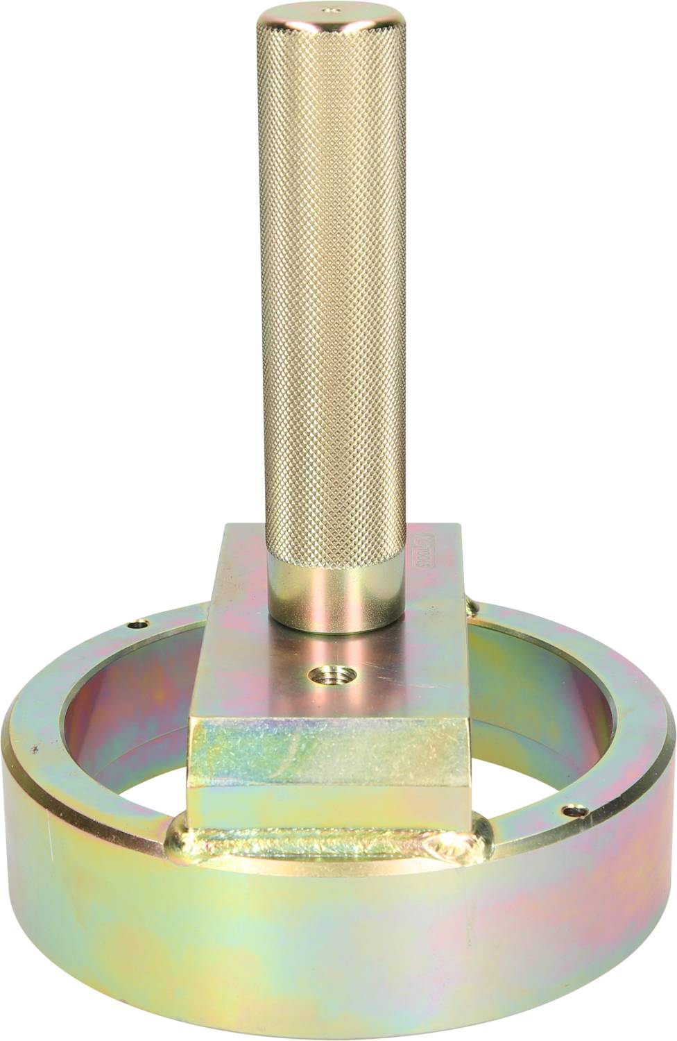 Metalowe narzędzie z cylindrycznym uchwytem i pierścieniową podstawą. Używane do montażu lub dopasowywania części.