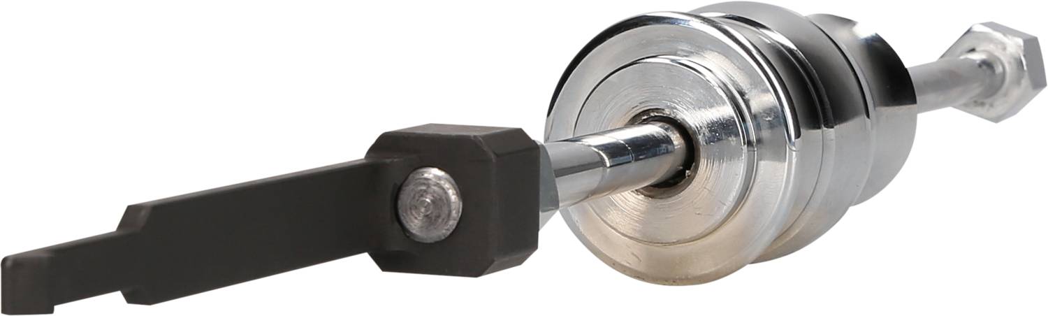 Metalowe narzędzie z obrotową osią i czarną dźwignią, prawdopodobnie przydatne w budowie maszyn lub naprawach.