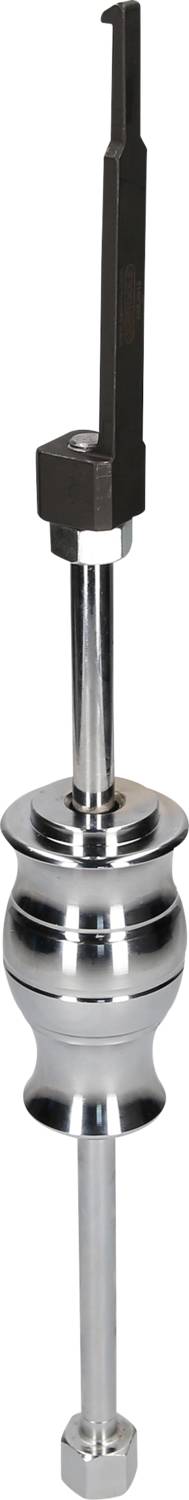 Chromowana część maszyny z kilkoma cylindrycznymi segmentami i długim, wąskim dźwignięciem na górze, na białym tle.