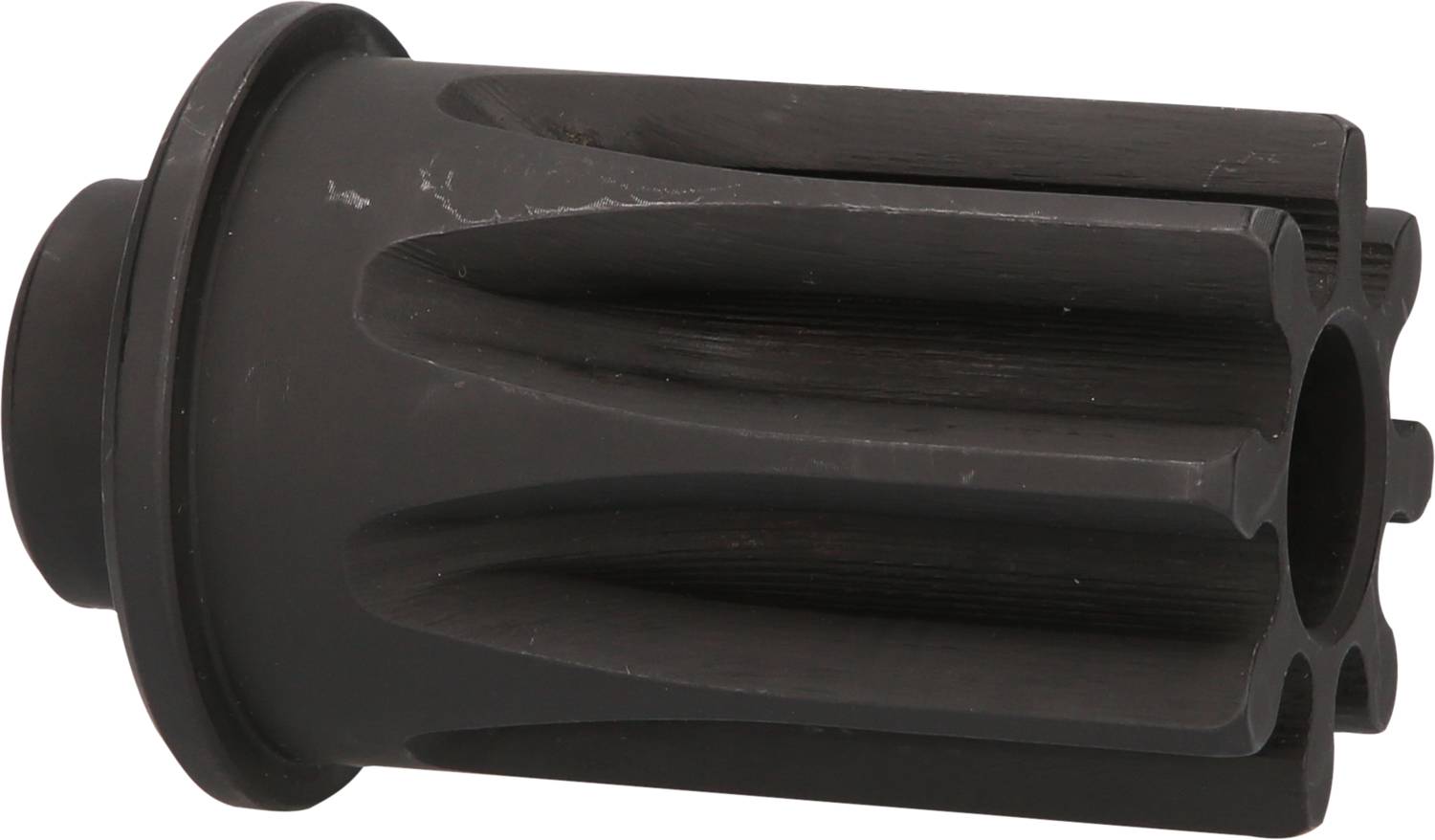 Czarne koło zębate z wieloma równomiernymi zębami, odpowiednie do zastosowań mechanicznych lub jako część zamienna w urządzeniach technicznych.