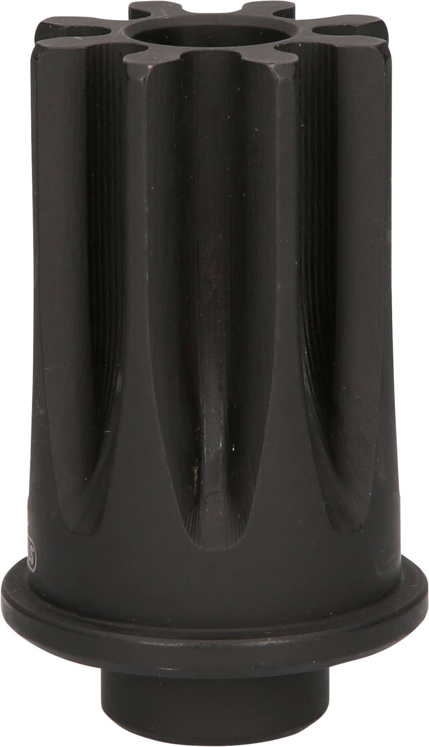 Czarny, cylindryczny element z wieloma podłużnymi nacięciami; może być częścią urządzenia technicznego lub mechanicznego.