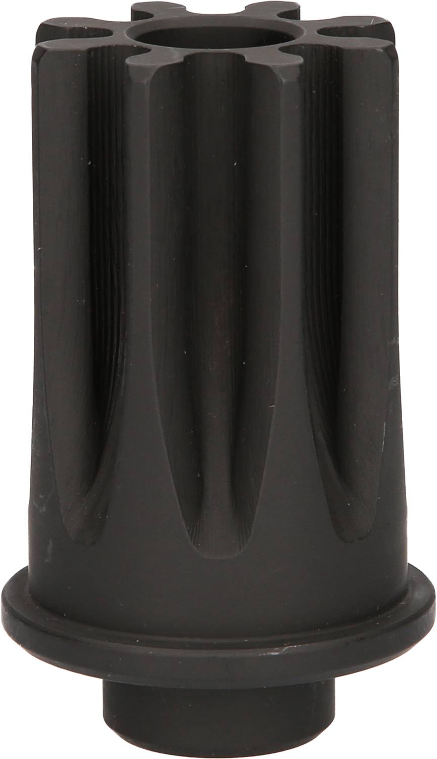 Czarno-szary, cylindryczny element konstrukcyjny z pionowymi rowkami, wyglądający jak mechaniczny podzespół.