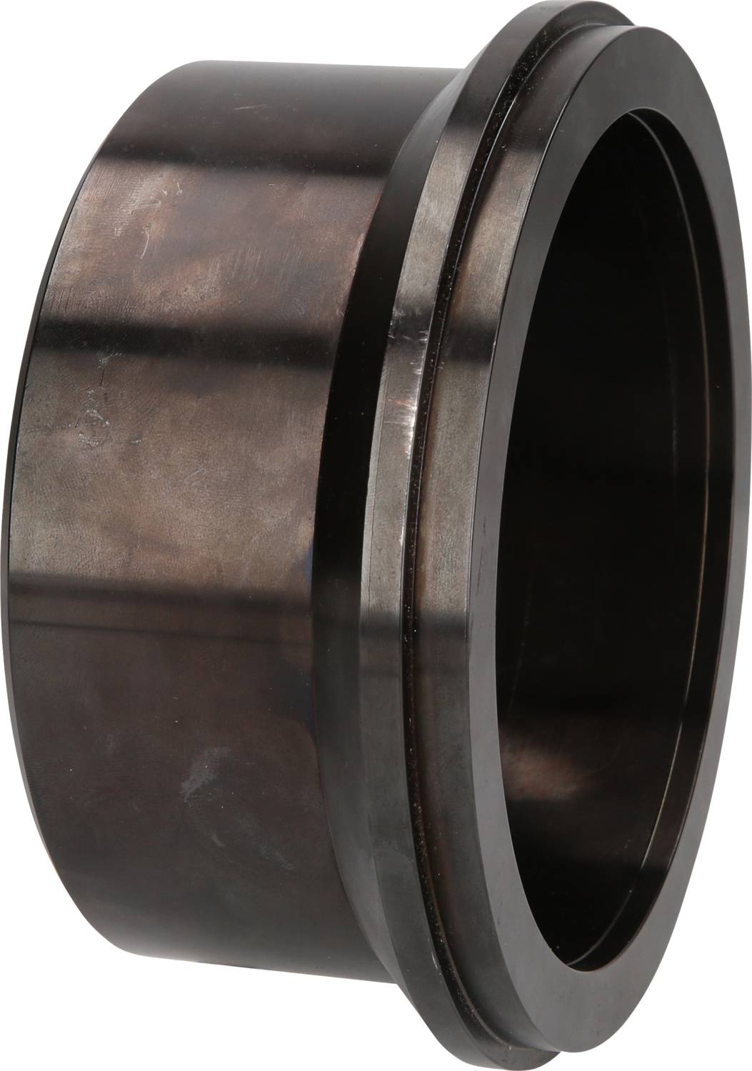 Metalowy cylinder z szeroką krawędzią, wydający się wykonany ze stali, na neutralnym tle.