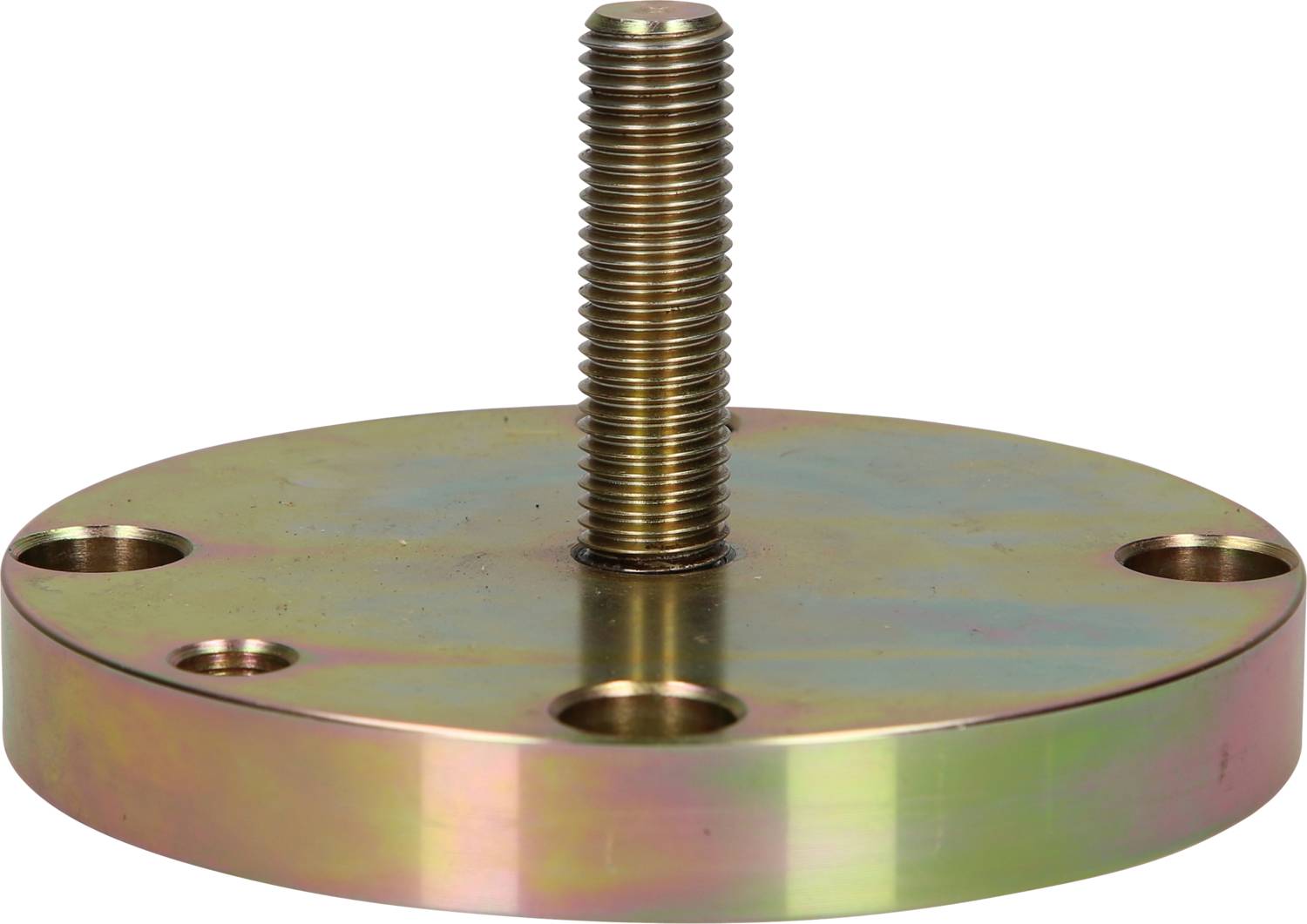 Metalowa tarcza z śrubą gwintowaną pośrodku i czterema otworami montażowymi na obwodzie. Prawdopodobnie służy do mocowania elementów konstrukcyjnych.