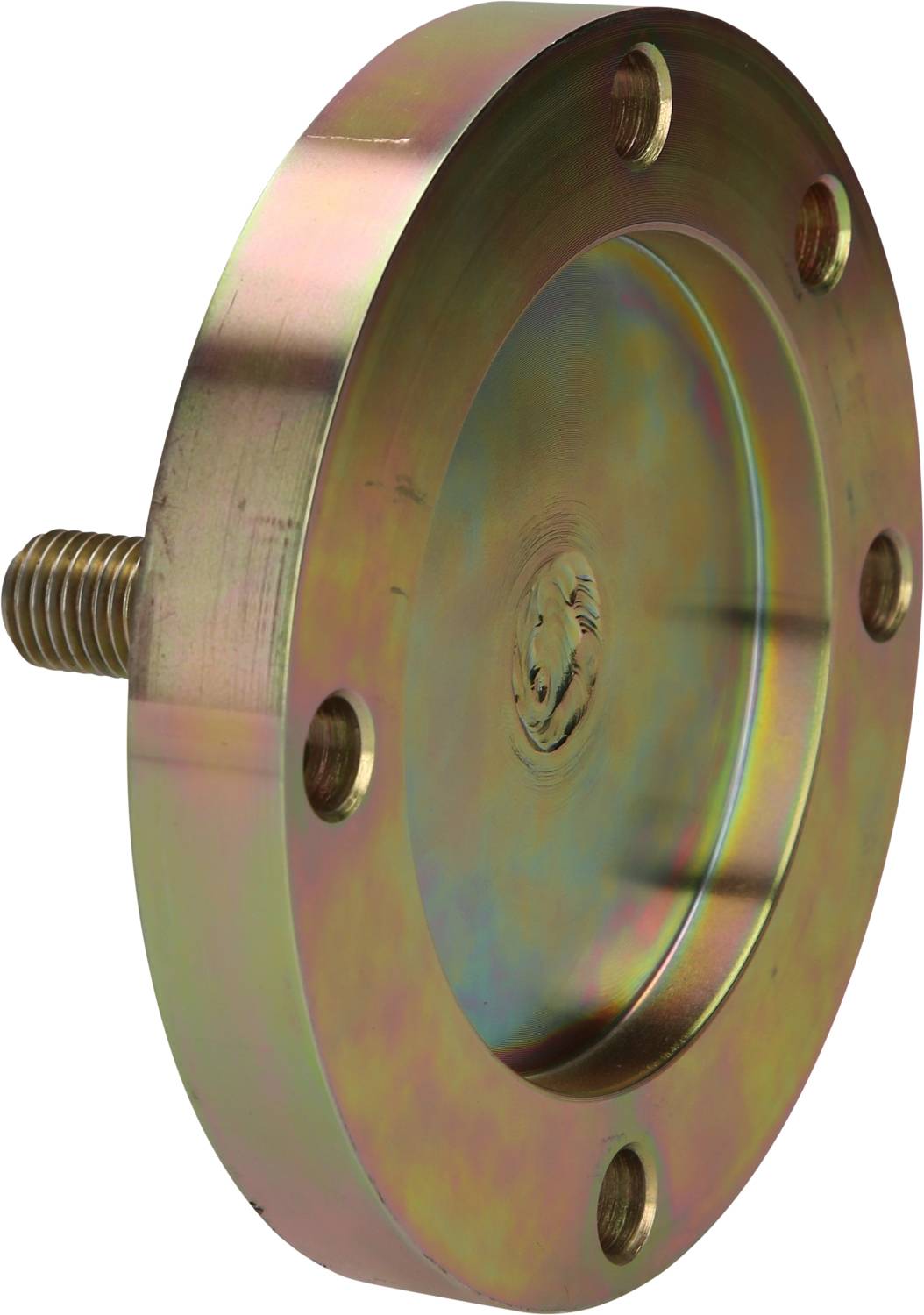 Metalowa tarcza z wkrętem gwintowym z boku i czterema otworami o kształcie koła na obrzeżu. Powierzchnia lśni tęczowymi kolorami.