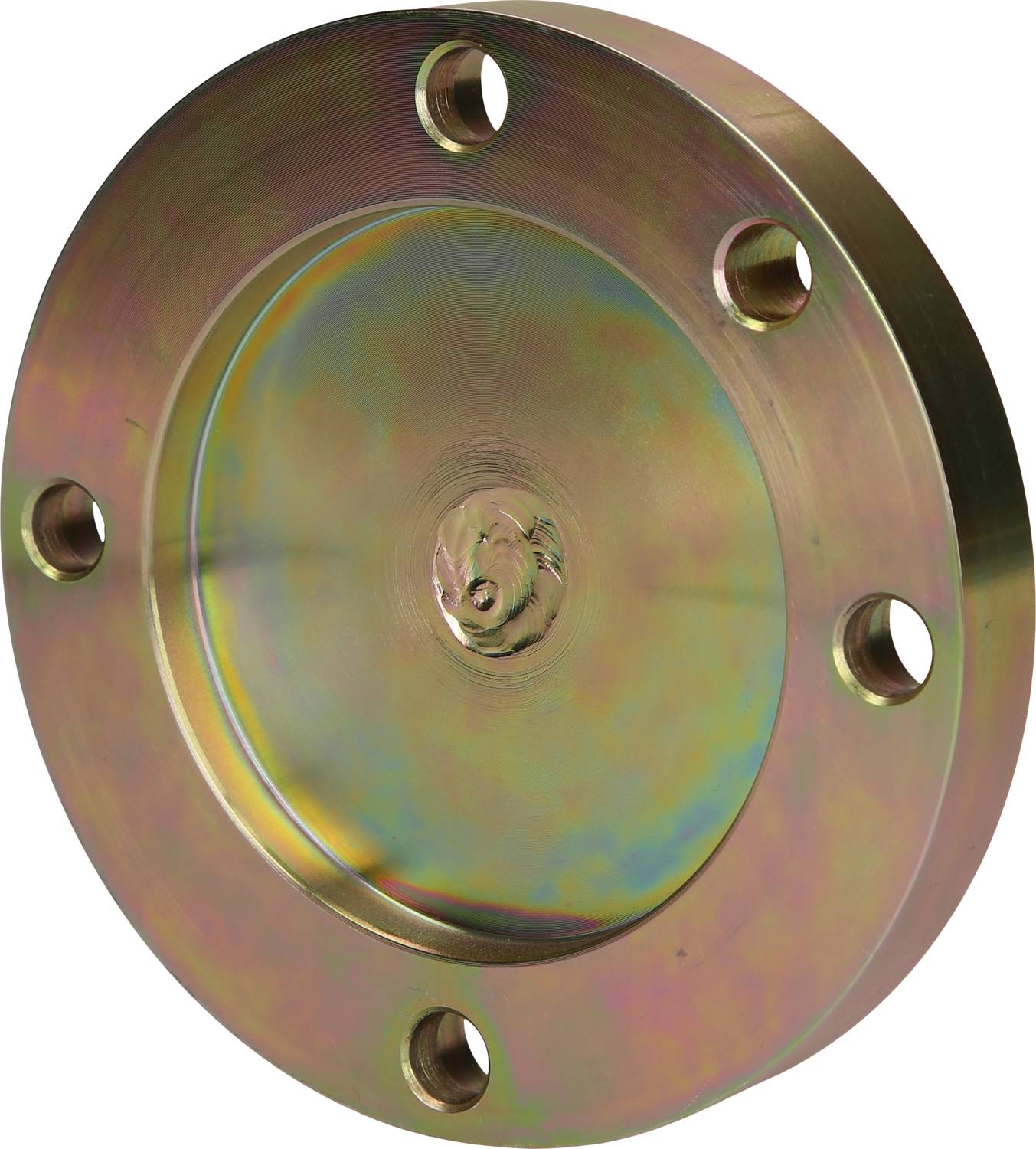 Metalowy kołnierz z sześcioma otworami równomiernie rozmieszczonymi wzdłuż krawędzi. Powierzchnia pokryta jest tęczową patyną.