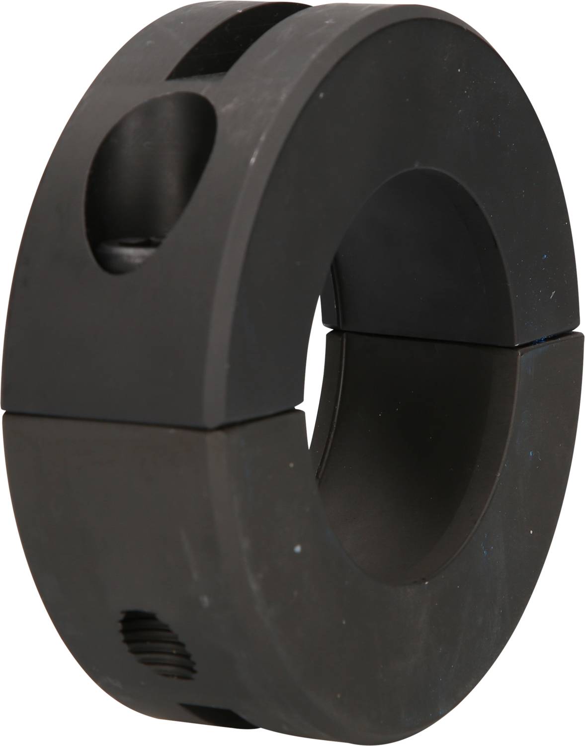 Czarna, okrągła metalowa obejma ze spawanymi połówkami, z widocznymi otworami na śruby, przeznaczona do mocowania na wale.