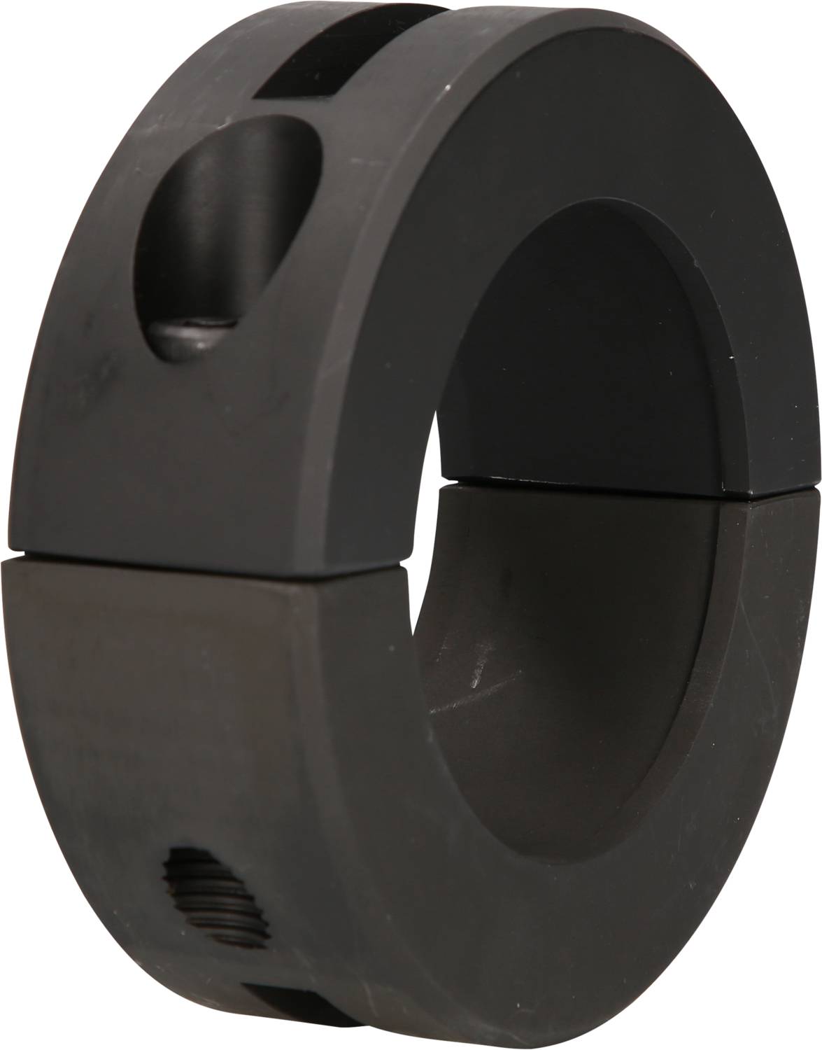 Czarna, cylindryczna sprzęgło zaciskowe z rowkiem rozdzielczym i otworami śrubowymi do mocowania na wałach.