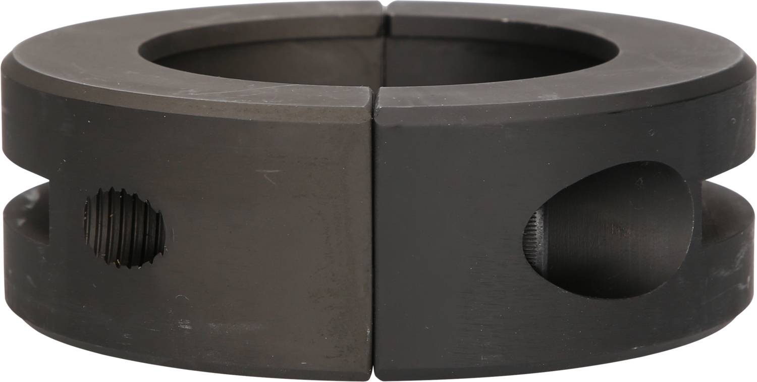 Czarna, dwuczęściowa złączka zaciskowa z dwoma śrubami, służąca do zabezpieczania części maszyn.