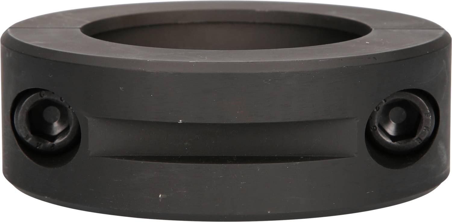 Czarny pierścień mocujący z metalu, o kształcie cylindrycznym, z dwoma zintegrowanymi śrubami zapewniającymi pewne mocowanie na wale lub pręcie.
