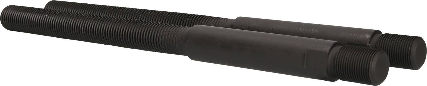 Dwa czarne, podłużne metalowe śruby z gwintem, leżące obok siebie na białym tle.