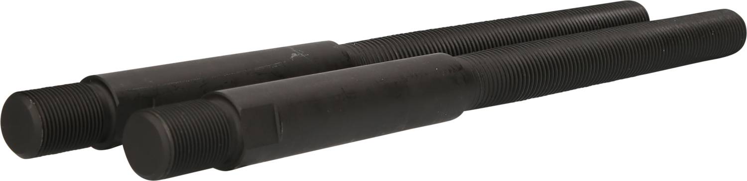 Dwa duże, czarne, cylindryczne stalowe sworznie gwintowane. Leżą równolegle do siebie na białej powierzchni.