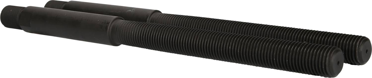 Dwie czarne, długie, cylindryczne metalowe pręty gwintowane na końcach leżą równolegle obok siebie na białym tle.