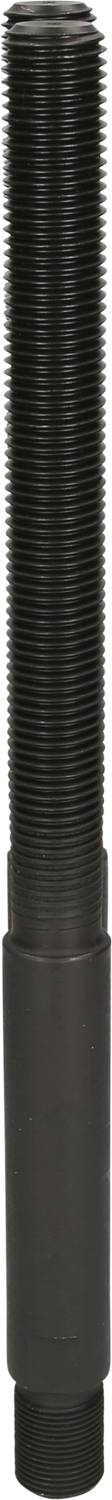 Długi, czarny, żebrowany pręt metalowy o jednolitej średnicy; prawdopodobnie element maszyny lub narzędzie.