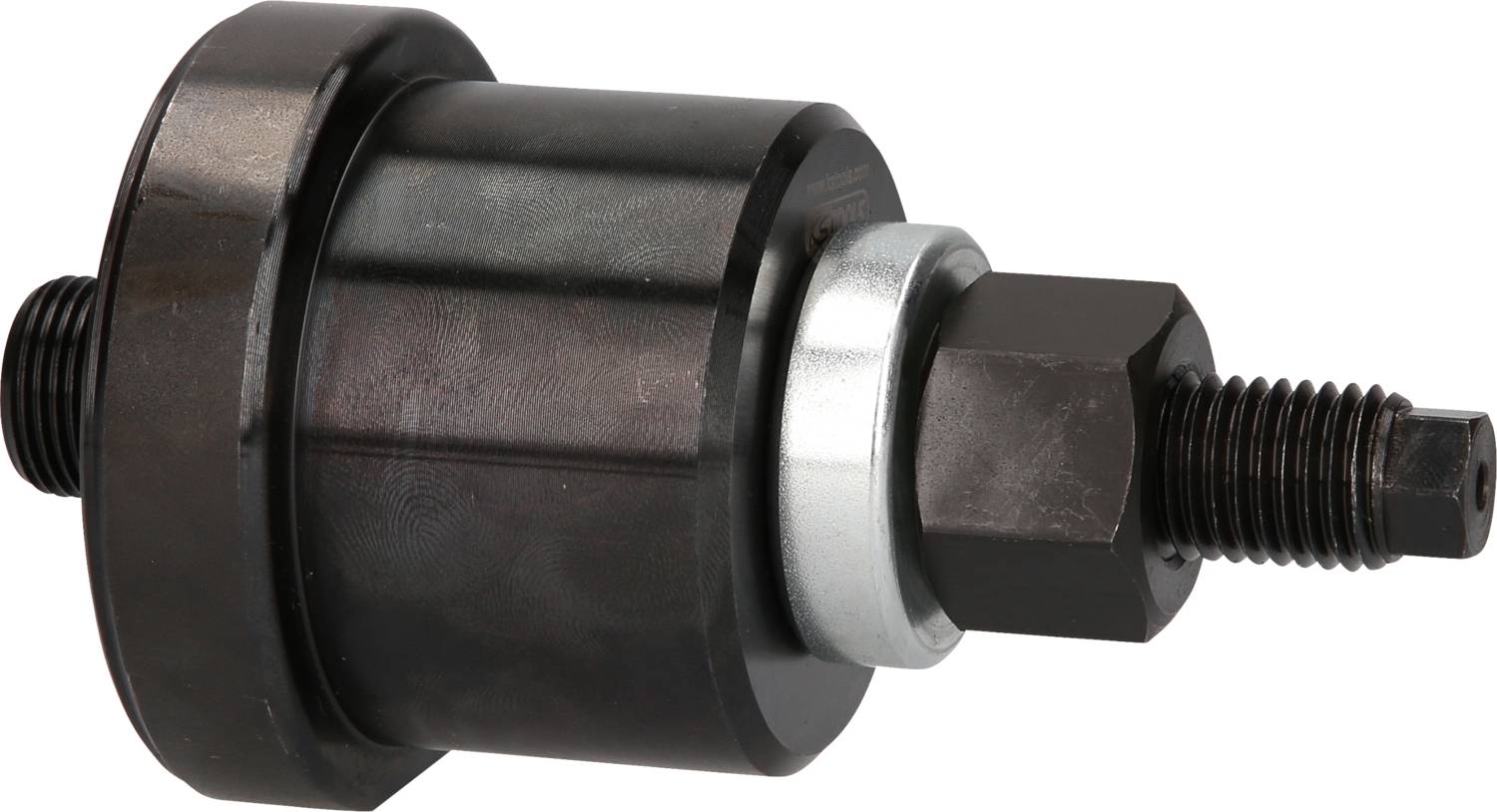 Czarny cylindryczny metalowy ściągacz do fal z prętami gwintowanymi po lewej i prawej stronie, na białym tle.