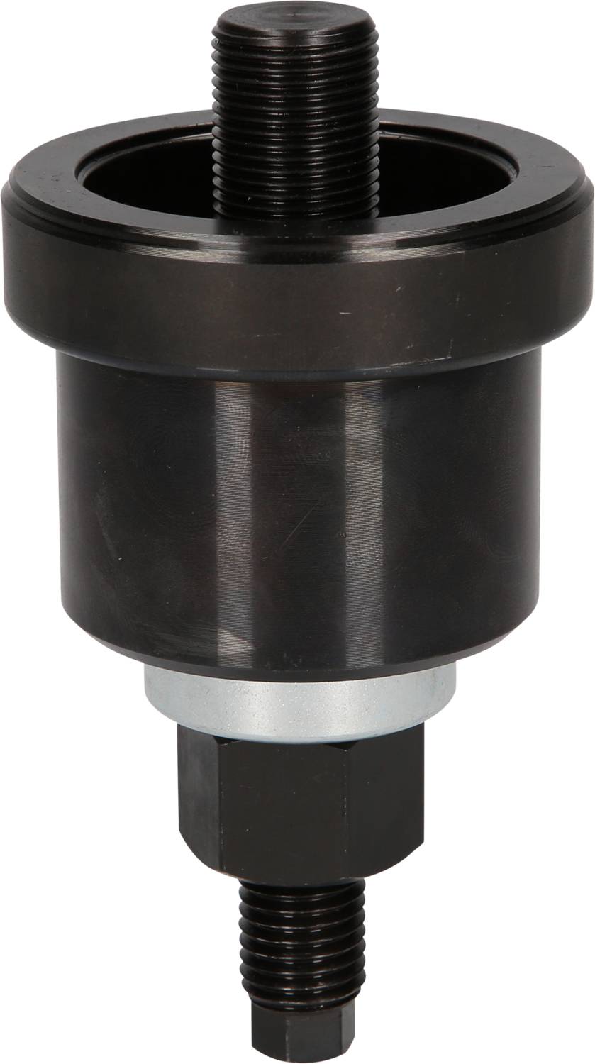 Czarny, cylindryczny adapter mechaniczny z pręcikami gwintowanymi u góry i u dołu, stosowany do połączeń lub montażu przemysłowego.