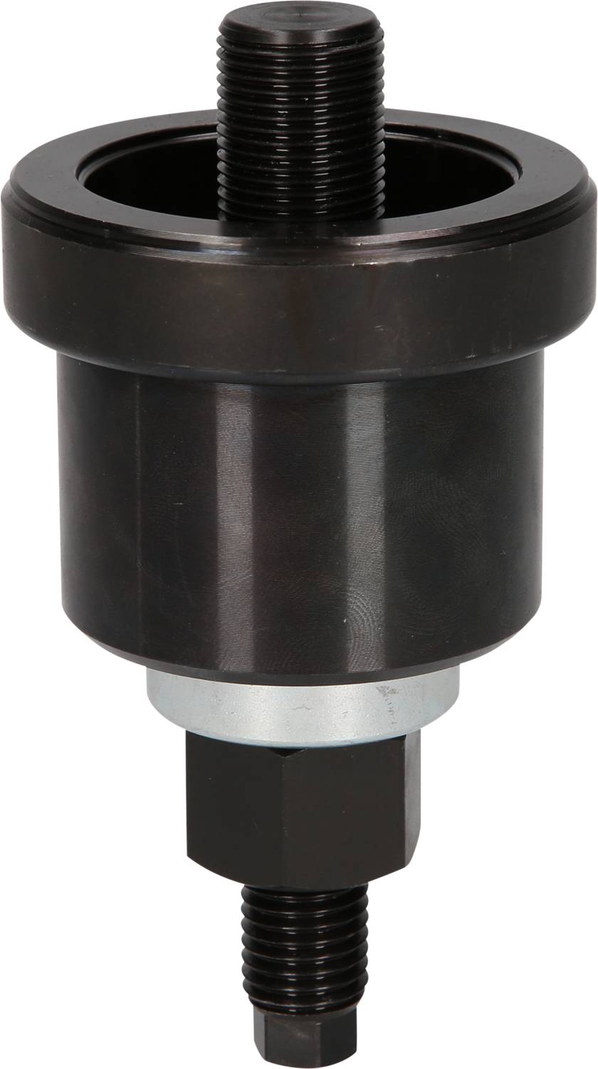 Czarne metalowe narzędzie o cylindrycznym kształcie z prętem gwintowanym. Prawdopodobnie służy do ściągania lub wciskania elementów mechanicznych.