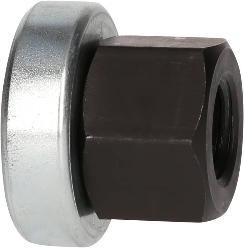 Sześciokątna nakrętka metalowa z dołączonym okrągłym elementem metalowym, prawdopodobnie stanowiąca część narzędzia mechanicznego.