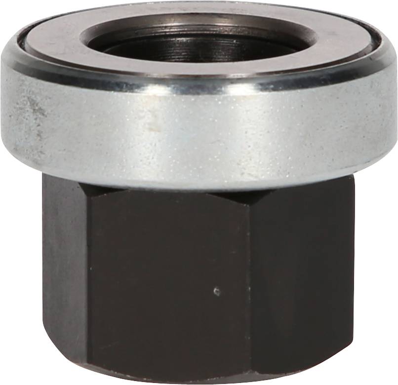 Przemysłowy element metalowy o cylindrycznym kształcie i sześciokątnej podstawie, prawdopodobnie łożysko lub zespół sprzęgła.