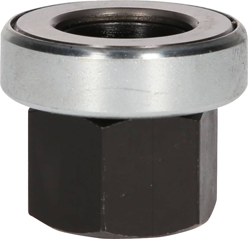 Metalowa nakrętka sześciokątna z szerokim srebrnym obrzeżem, z czernioną podstawą, przeznaczona do zastosowań mocujących.