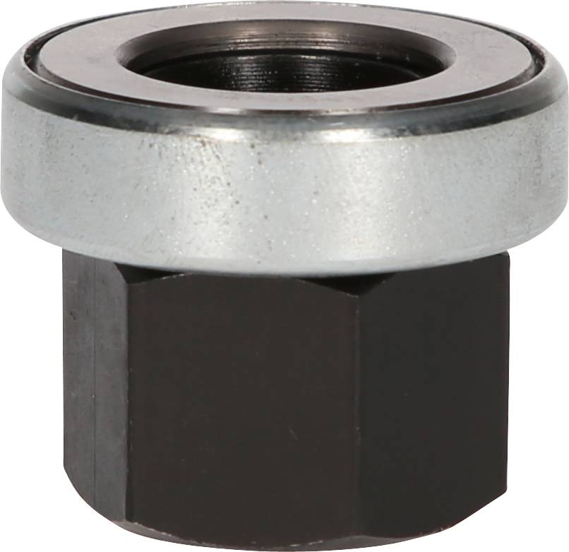 Srebrna nakrętka koła z wbudowanym łożyskiem. Posiada sześciokątny kształt w dolnej części, służący do mocowania.