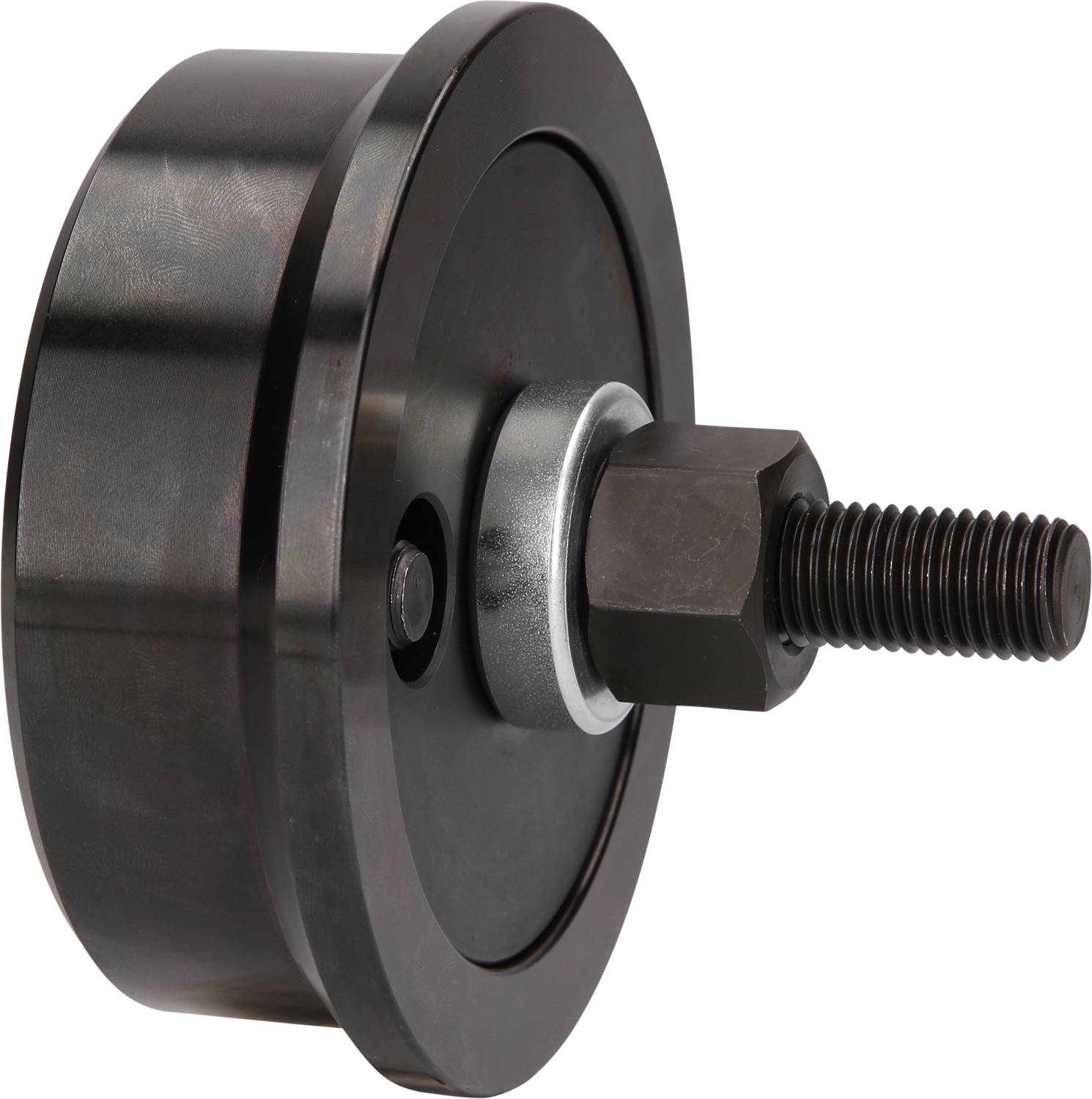 Duża, okrągła, czarna rolka metalowa z centralną nakrętką sześciokątną i krótkim trzpieniem gwintowanym, prawdopodobnie element maszyny.