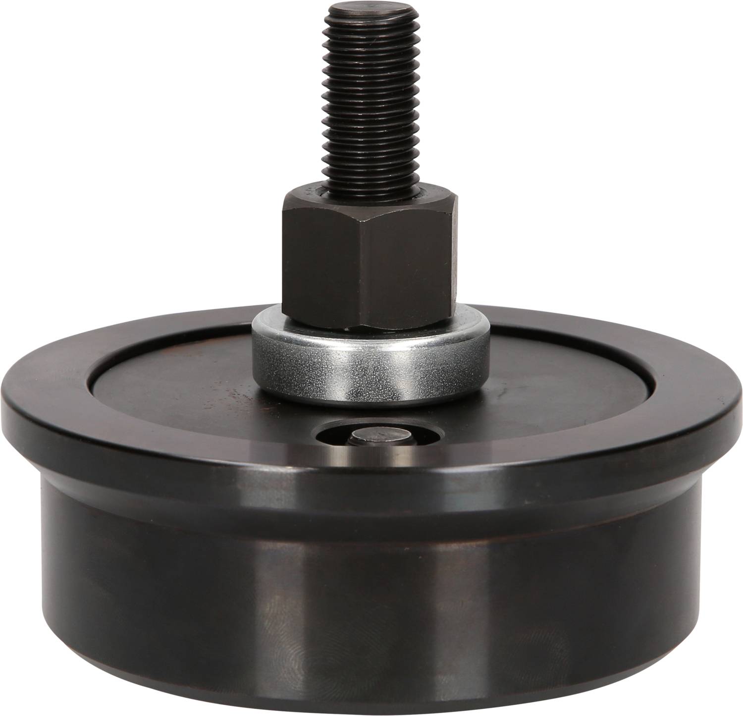 Metalowy element, który wygląda jak masywny uchwyt z gwintem, prawdopodobnie jest używany jako narzędzie lub część maszyny.