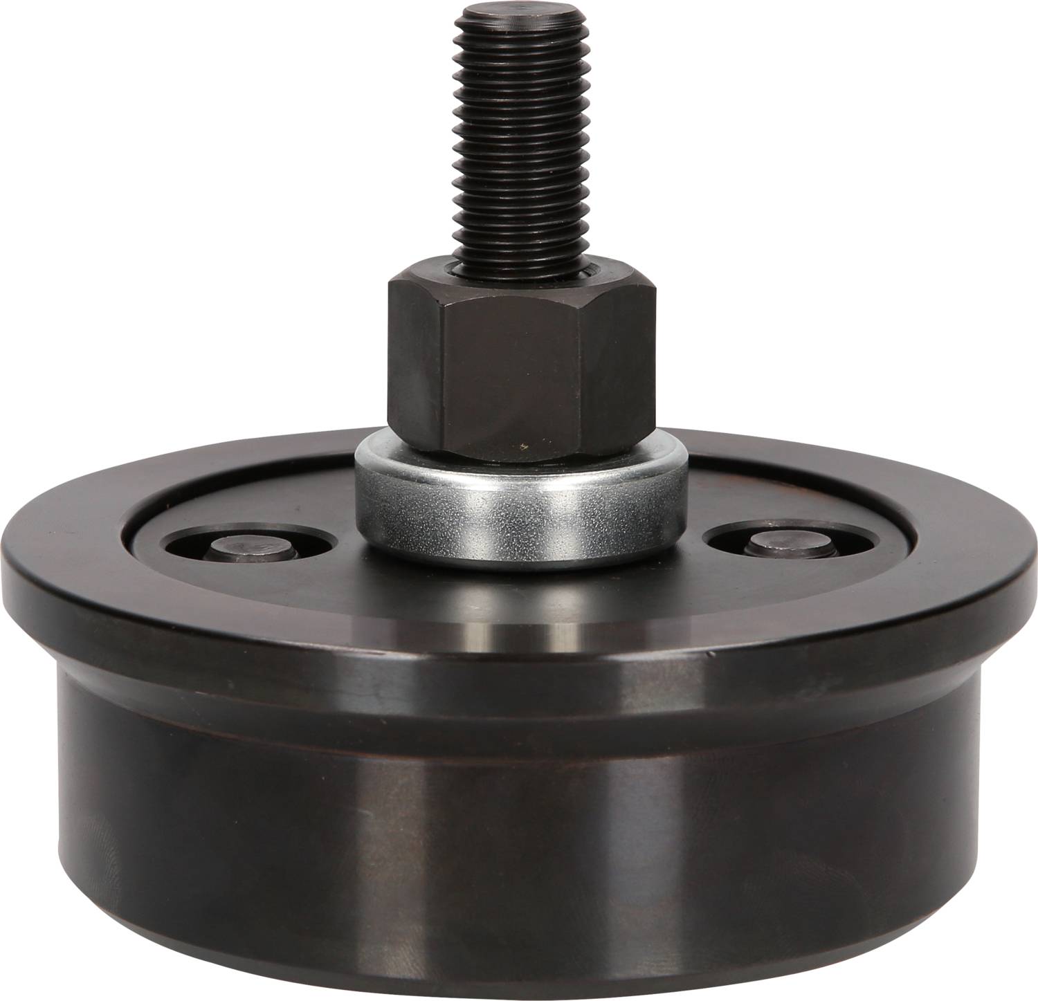 Okrągły, metalowy adapter śrubowy z centralną śrubą i dwoma bocznymibolcami. Używany do mocowania lub instalacji.
