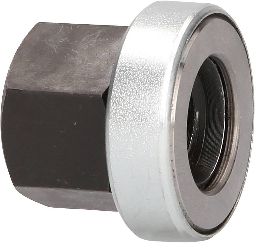 Rysunek przedstawia sześciokątną metalową nakrętkę z srebrnym brzegiem, używaną do mocowań mechanicznych.