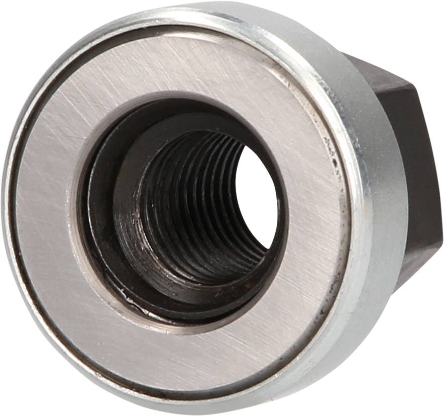 Metalowa tuleja łożyskowa, cylindryczny kształt, centralne wgłębienie gwintowane.