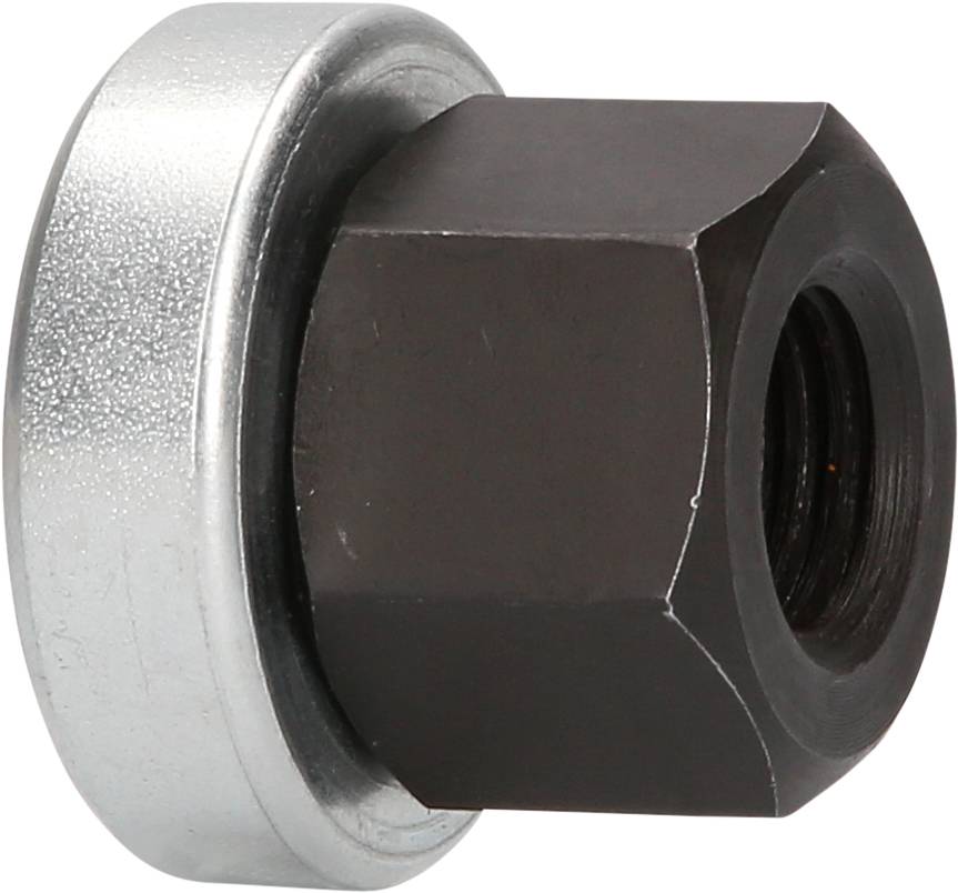 Zbliżenie sześciokątnej nakrętki metalowej o srebrnym obrzeżu, wykonanej z czarnego metalu.