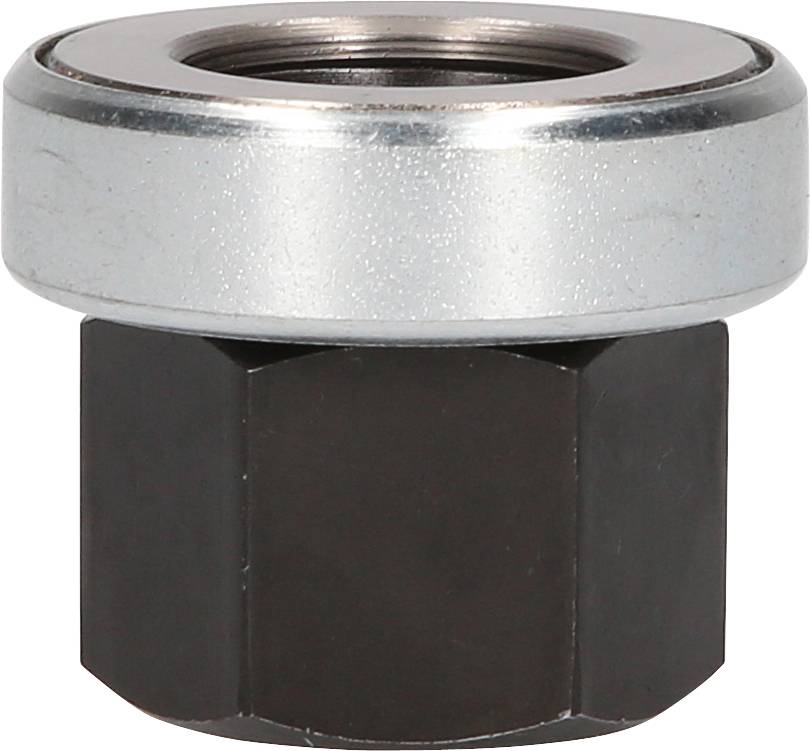 Metalowa nakładka w kolorze srebrnym i czarnym, z sześciokątną dolną częścią i zaokrąglonym górnym brzegiem.